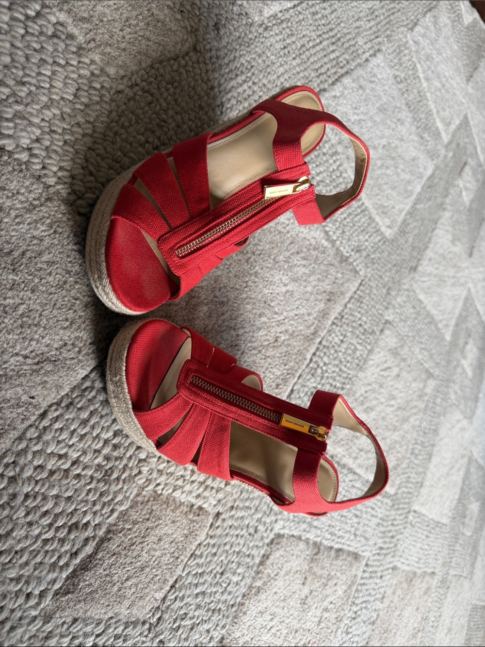 Michael Kors Orangish Red Women's Espadrille Wedge Sandals with Front Zipper